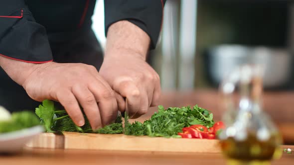 Closeup Man Chef Hands Cutting Fresh Greens and Red Paprika