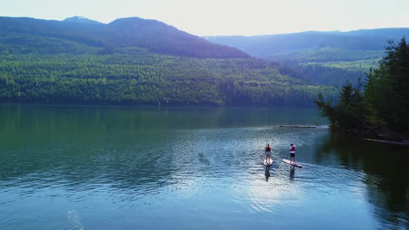 Couple rowing a stand up paddle board in the river 4k