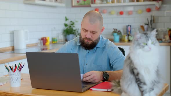 Senior Bearded Man Working or Studying Remotely at Home