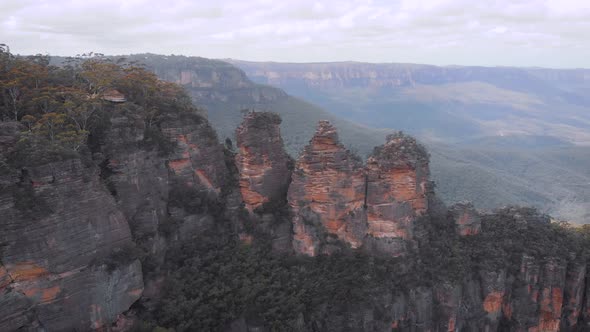 Blue Mountains National Park. Three Sisters, Beautiful Cliffs in the Middle of a Green Bush. Aerial