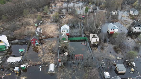 Spring Flood Aerial View Flooded Garden Houses and Plots Below