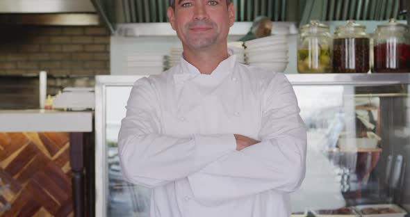 Caucasian man smiling in the kitchen