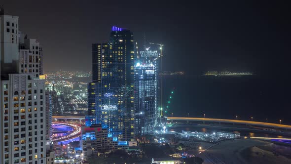 Waterfront Overview Jumeirah Beach Residence JBR Skyline Aerial Night Timelapse