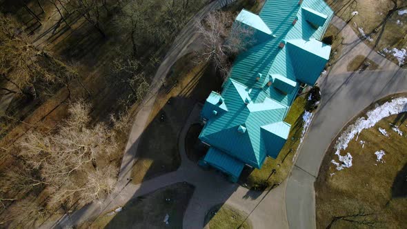 Spring city park. Park buildings. Aerial photography.