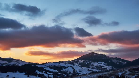 Colorful Twilight in Winter Rural Landscape