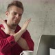 Businessman Sitting at Desk Looking at Computer Screen Talking with Friend Make Informal Video Chat - VideoHive Item for Sale