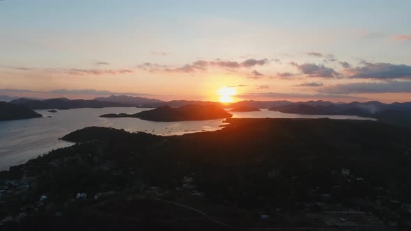 Beautiful Sunset Over Sea and Island, Palawan Philippines.