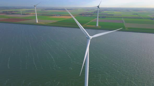 Windmill Park in the Ocean Drone Aerial View of Windmill Turbines Generating Green Energy Electric