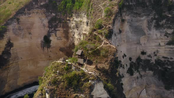 Aerial Drone Flight Over Atuh Cliff with Treehouses Nusa Penida Bali Indonesia