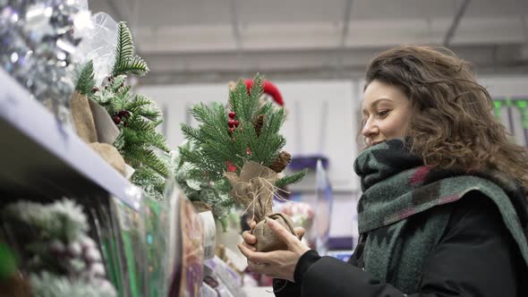 Brunettehaired Woman Chooses Decorations for Christmas