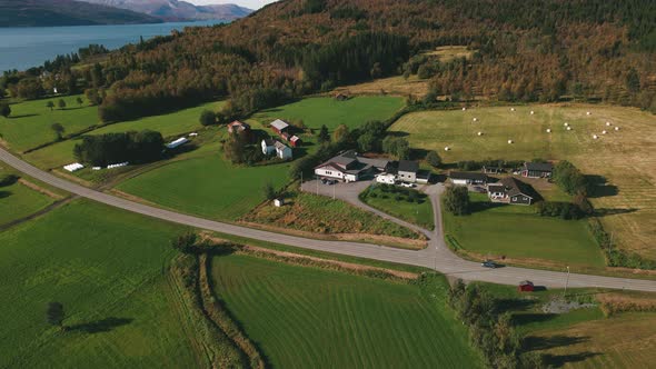 Aerial View Of Farm Landscape With Houses Near Skjerstad Fjord In Fauske, Nordland County, Norway.