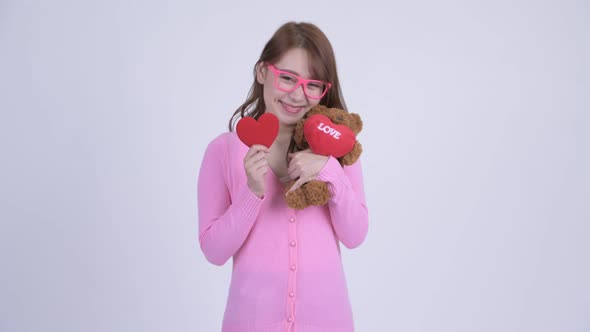 Young Happy Asian Nerd Woman Ready for Valentine's Day