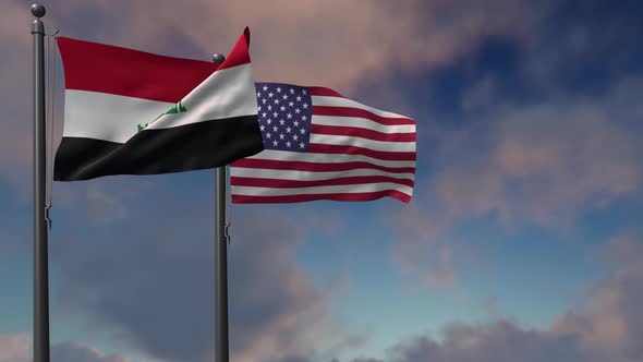 Iraq Flag Waving Along With The National Flag Of The USA - 4K