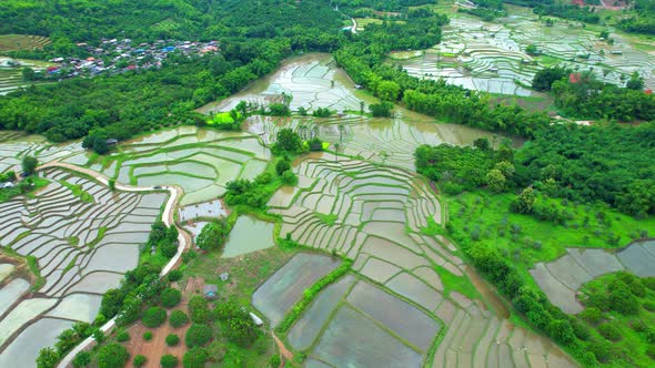 Aerial video of drones flying over rice terraces 