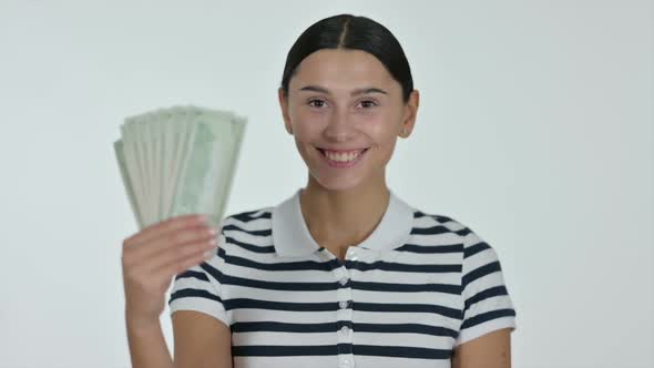 Latin Woman Holding Dollars White Background