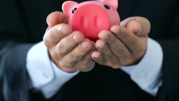 Male Hands Holding Out Piggy Bank, Money Saving Concept, Company Budget, Finance