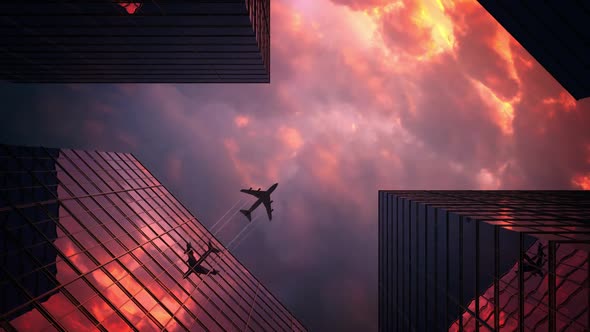 The Plane Flies Over the Skyscrapers. Wonderful Video Composition with Sunset