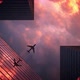 The Plane Flies Over the Skyscrapers. Wonderful Video Composition with Sunset - VideoHive Item for Sale