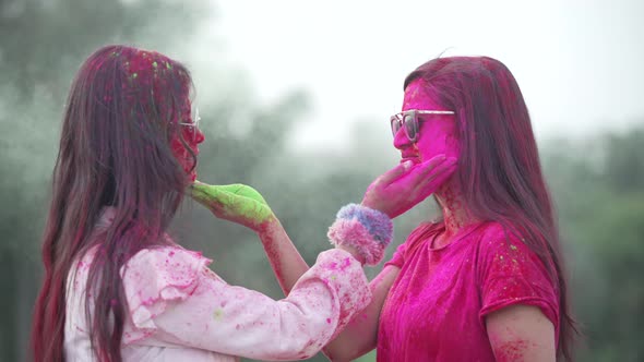 Girls Playing Indian Festival Holi Celebration Slowmotion