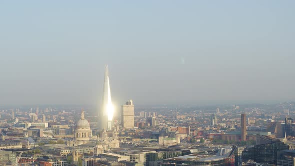 Early morning aerial establishing shot of London