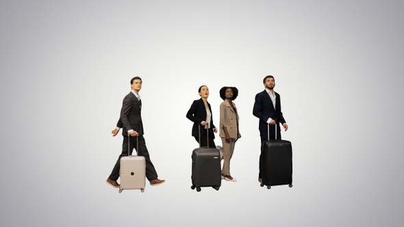 Four diverse business people with luggage checking info