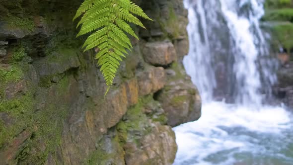 Waterfall on Mountain River with White Foamy Water Falling Down From Rocky Formation in Summer