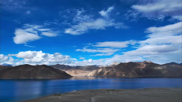 Timelapse footage of the Pangong Tso lake in India. Located at an altitude of 13800 feet above sea l