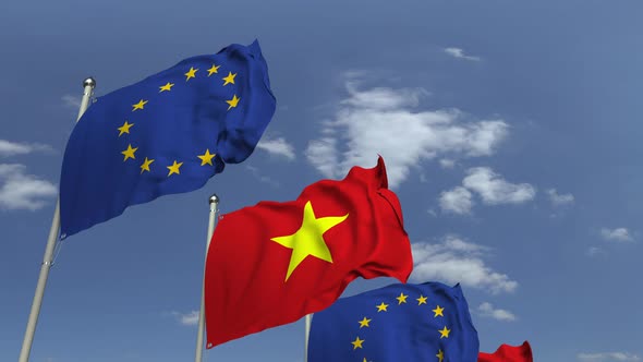 Flags of Vietnam and the European Union at International Meeting