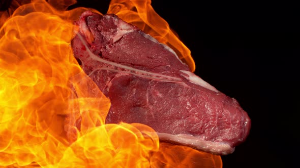 Super Slow Motion Footage of Premium Tbone Meat in Fire at 1000Fps