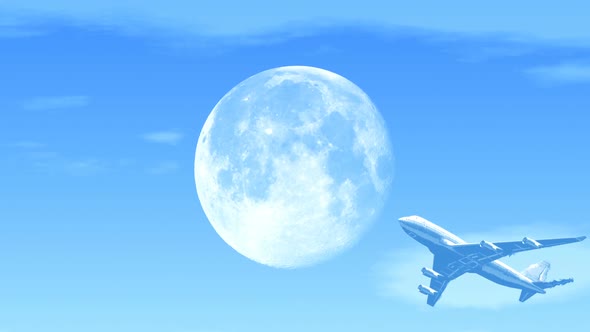 Passenger Airplane Flying Over Moon in Afternoon alt