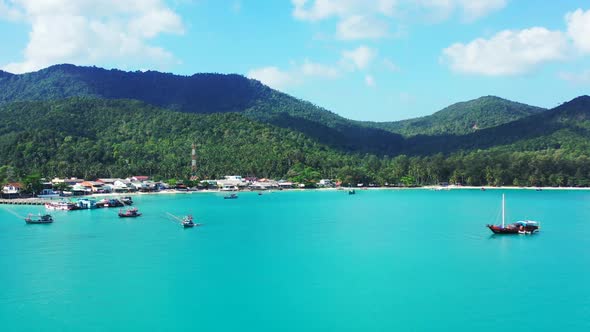 Aerial view texture of exotic bay beach lifestyle by blue water and white sand background of journey