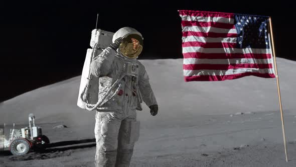 Astronaut saluting the American flag. 3d rendering.