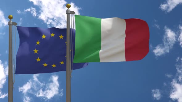 European Union Flag Vs Italy Flag On Flagpole