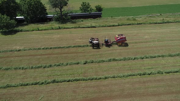 View of an Amish Farmer Harvesting His Crop with 4 Horses and Modern Equipment