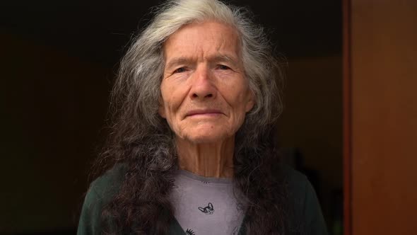 Portrait of a Calm Smiling Elderly Woman with Loose Gray Hair