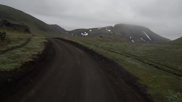 Offroad Car Vehicle Drive on Dirt Road to Landmanalaugar on Highlands Iceland