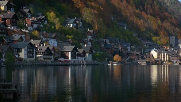 Autumn Fall in Famous Tourist Destination Serene Town Hallstatt in Austrian Mountains Alps