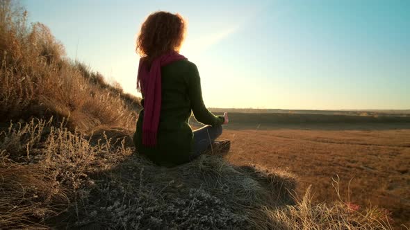 Autumn Landscape, Woman Traveler Meditating at Sunrise