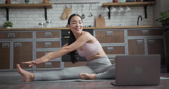 Healthy Asian Yoga Woman Doing Stretching Online Lessons