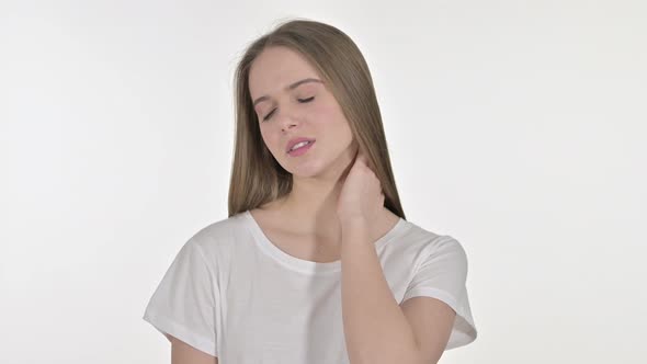 Portrait of Stressed Beautiful Young Woman Having Neck Pain