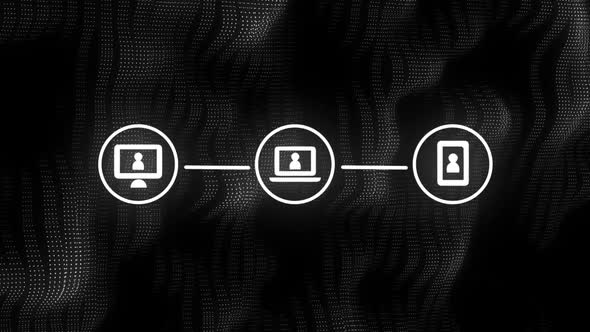 Animation of three white digital computer interface icons on mesh black background