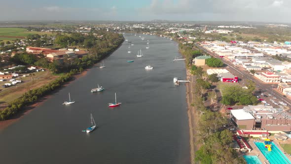 Aerial drone view of center of Bundaberg, Queensland, Australia