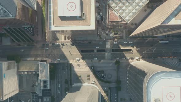 AERIAL: Slow Uplifting Birds Eye View Flight Over Downtown Los Angeles California Grand Avenue in