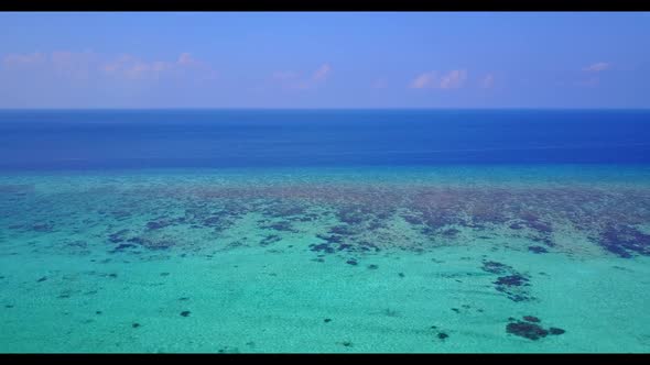 Aerial top down nature of paradise lagoon beach journey by transparent ocean and white sandy backgro