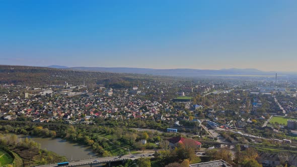 Panoramic View Uzhhorod Ukraine Europe on a Small City Over the Uzh River at Above in the Autumn