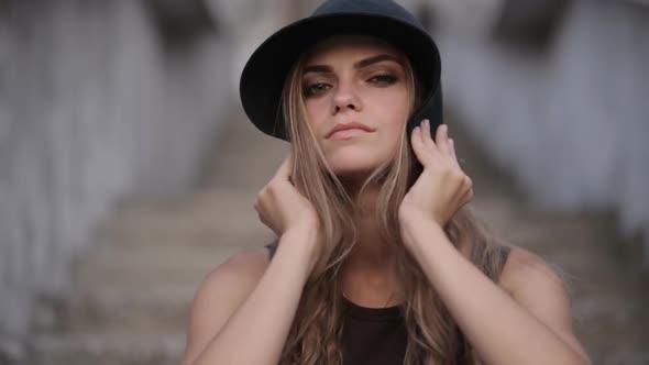 Close-up portrait of white caucasian girl in black hat Girl with a beautiful smile