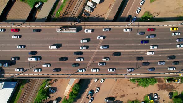 Transport Aerials  Top Down View of Freeway Busy City Rush Hour Heavy Traffic Jam Highway Bridge