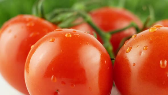 Cherry tomatoes close-up. Rotating on a green background Macro shot. Garden, gardening concept