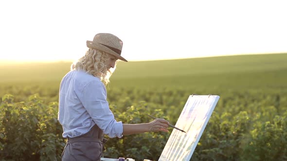 Girl artist paints a picture with paints.