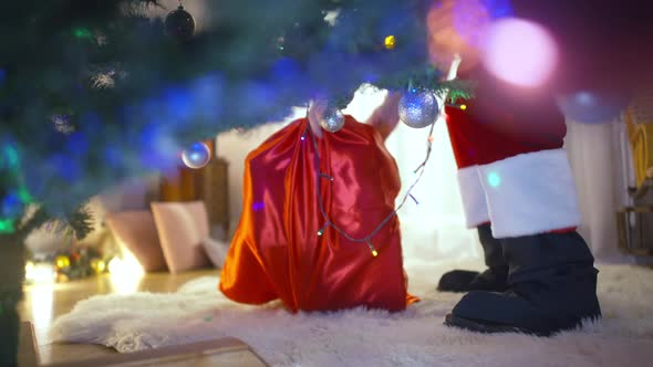 Legs of Unrecognizable Santa Walking to Decorated Christmas Tree in Living Room Putting Gift Box on